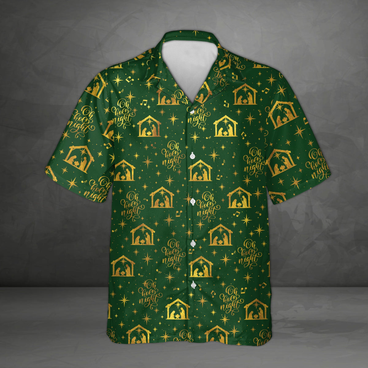 Green christmas hawaiian shirt featuring nativity silhouettes and musical notes, front view
