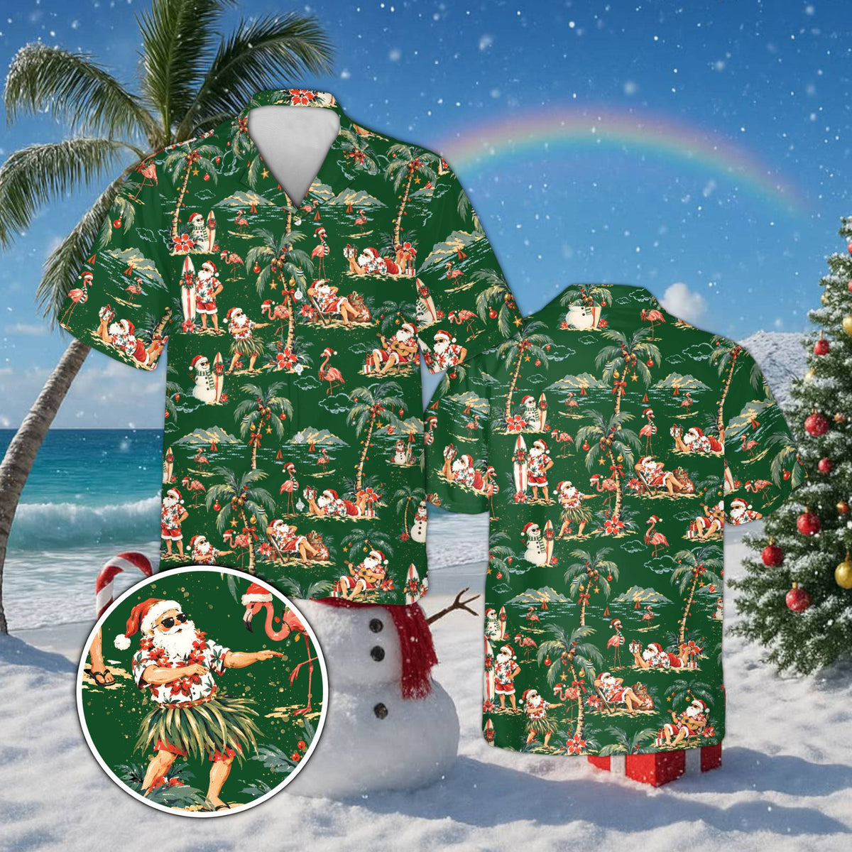 Green tropical Santa matching family hawaiian shirt, front view