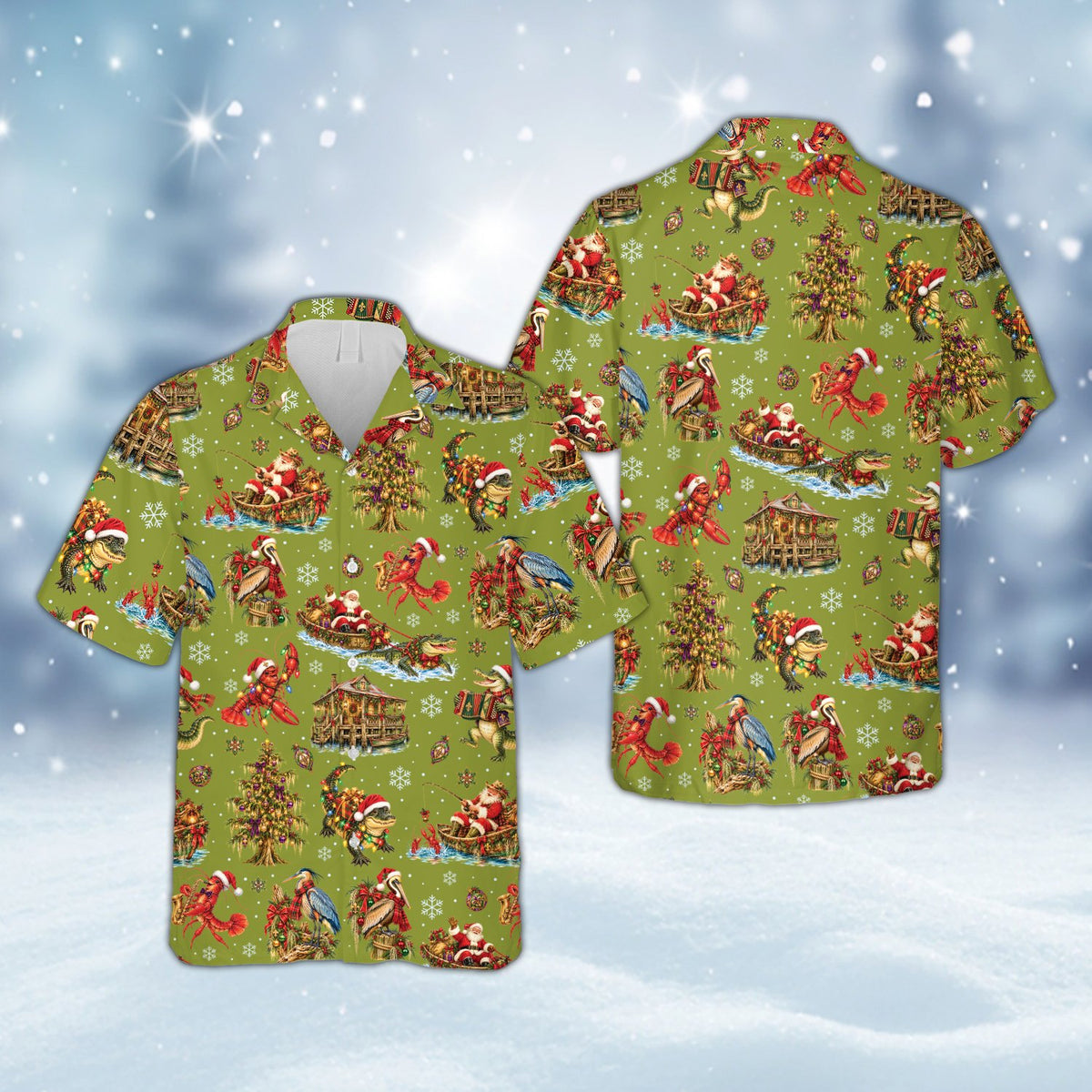 Green family hawaiian shirts with festive Santa on alligator print, front view