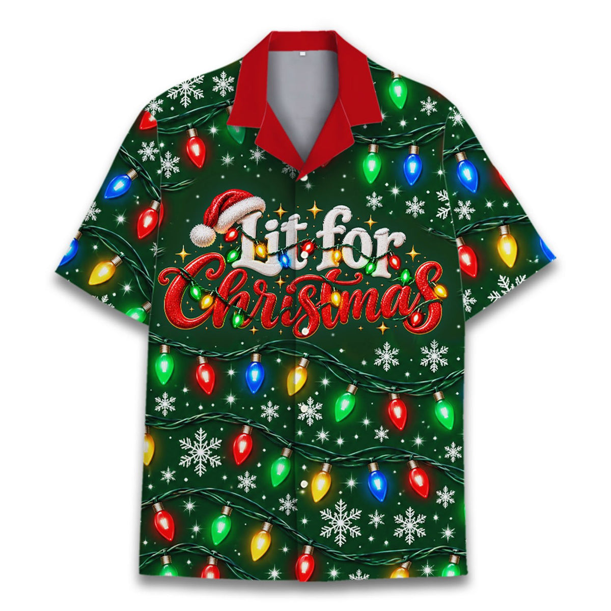 Green christmas hawaiian shirt with colorful lights, front view