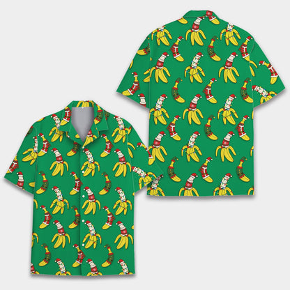 Close-up front view of the green christmas hawaiian shirt with holiday bananas