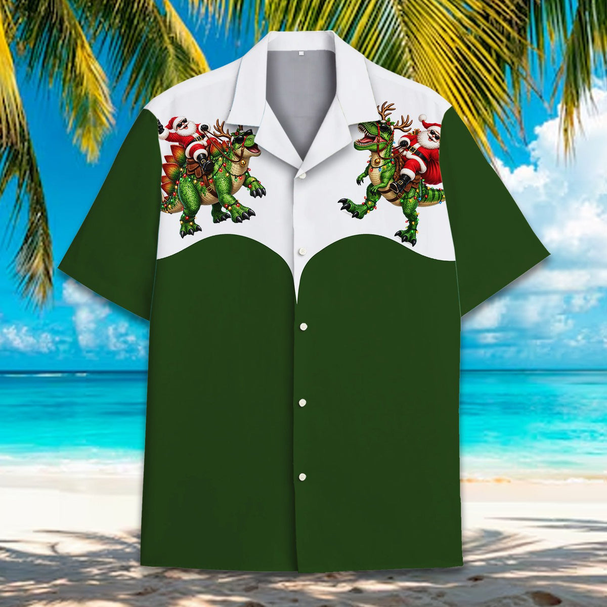 Green and white christmas hawaiian shirt with Santa riding a T-Rex, main view