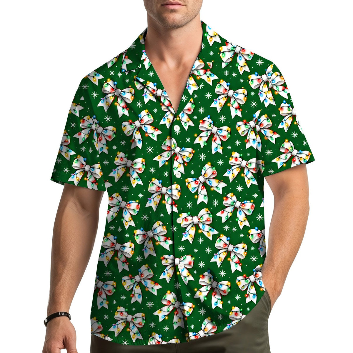 Lifestyle view of the green matching hawaiian shirts for family