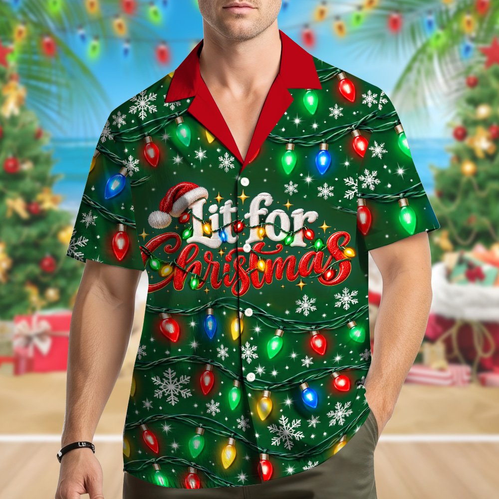 Another lifestyle view wearing the green christmas hawaiian shirt