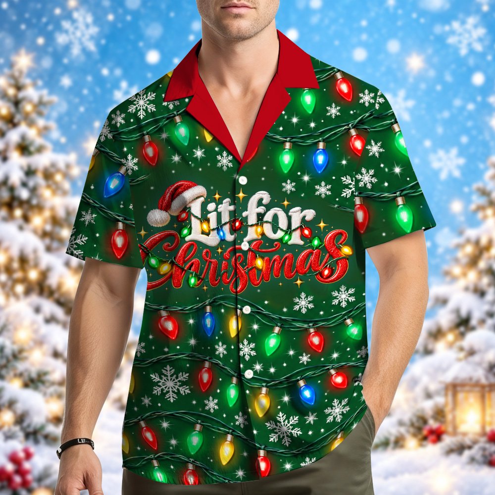 Lifestyle view of someone wearing the green christmas hawaiian shirt