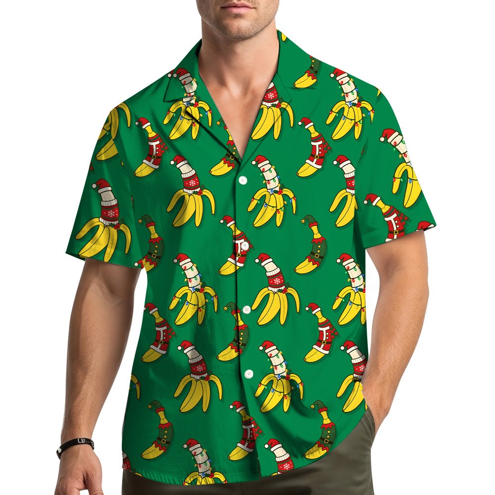 Lifestyle shot of someone wearing the green christmas hawaiian shirt