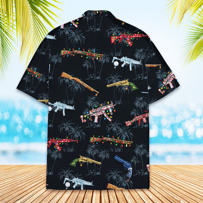 Detailed back view of the dark holiday Hawaiian shirt