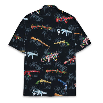 Back view of the Christmas Hawaiian shirt with guns and ornaments