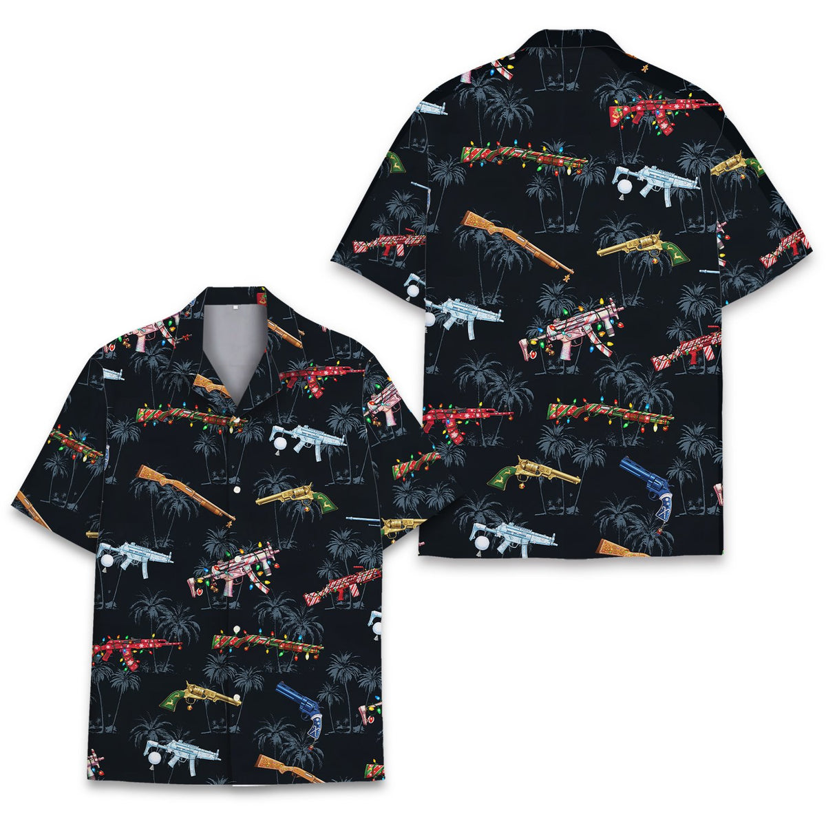 Detailed front view of the festive guns Hawaiian shirt