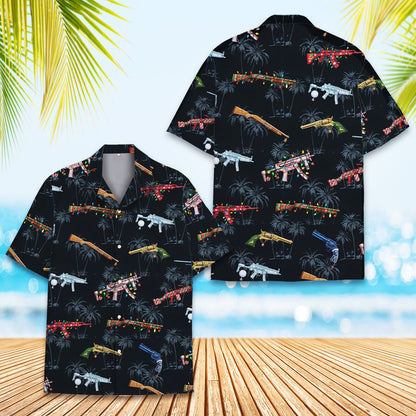 Close-up front view of the Christmas guns Hawaiian shirt