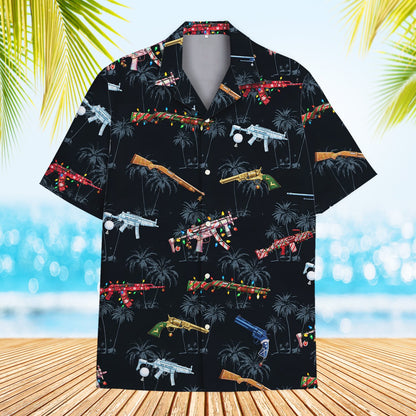 Hawaiian shirt with guns and Christmas lights, front main view