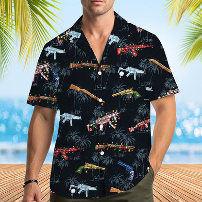 Second lifestyle view of the festive guns matching family Hawaiian shirt