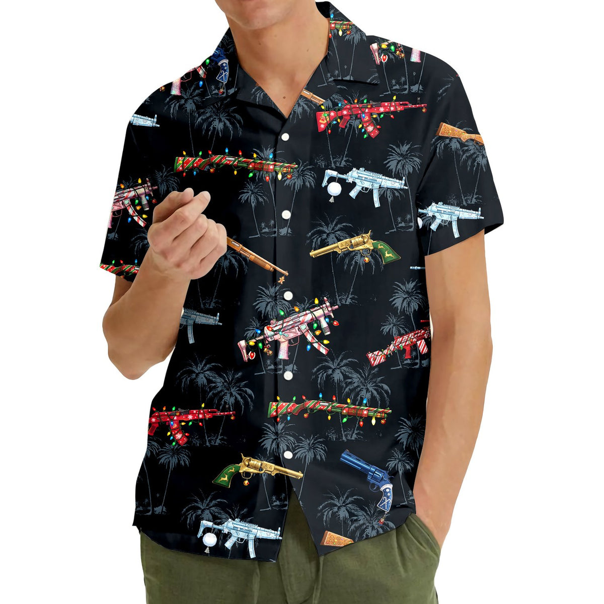 Third lifestyle view of the holiday firearms Hawaiian shirt