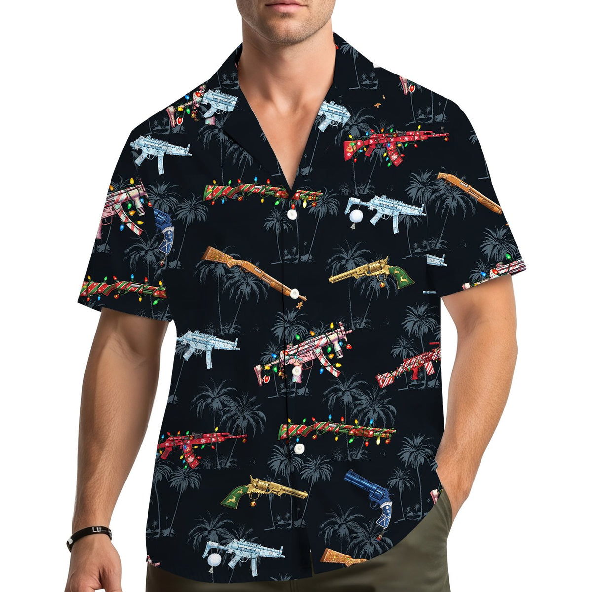 Lifestyle view of someone wearing the Christmas guns Hawaiian shirt
