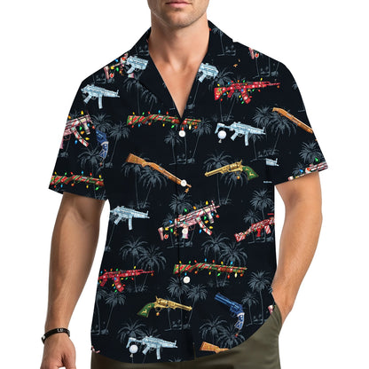 Lifestyle view of someone wearing the Christmas guns Hawaiian shirt