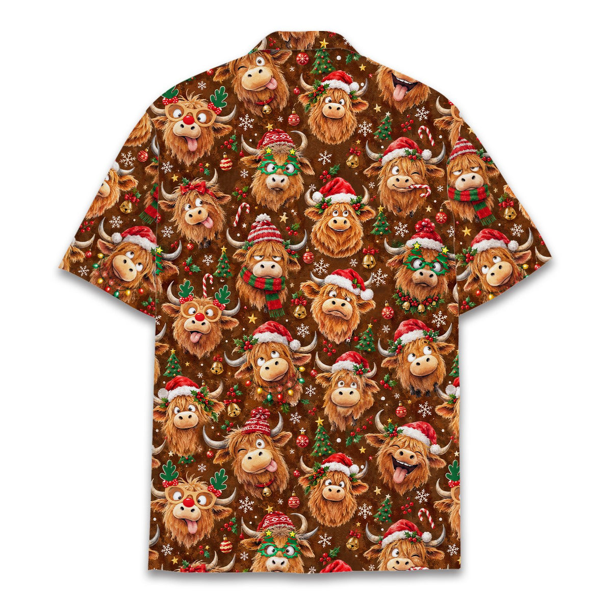 Matching family hawaiian shirt with christmas highland cow design, back view