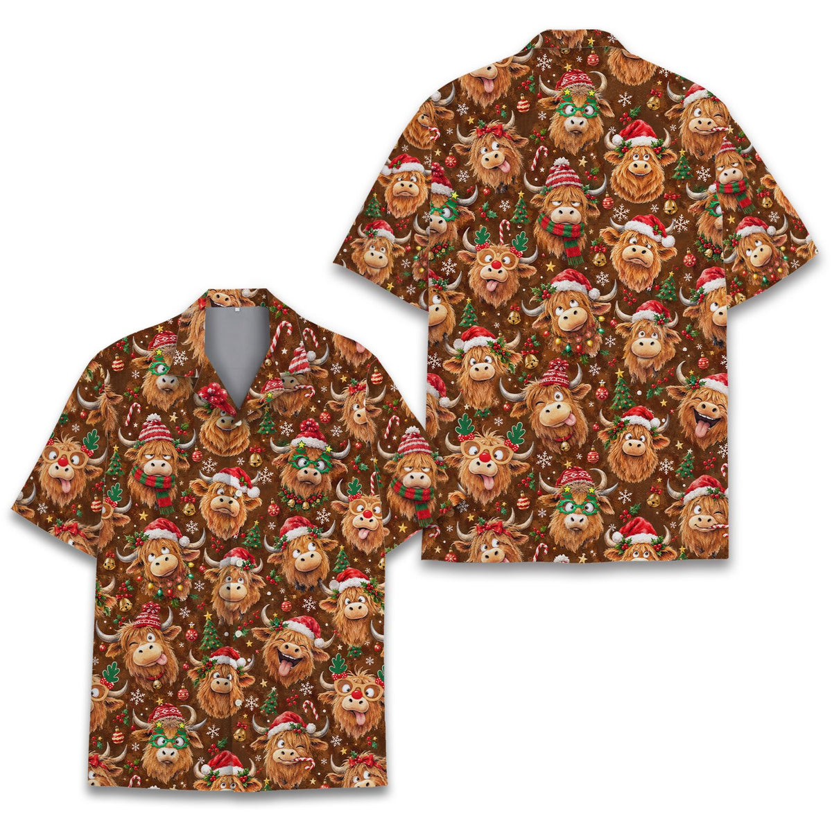 Matching family hawaiian shirt with christmas highland cow design, alternate front view