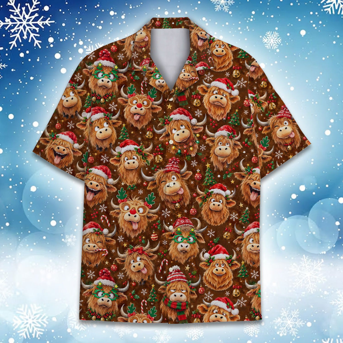 Matching family hawaiian shirt with christmas highland cow design, detailed front view