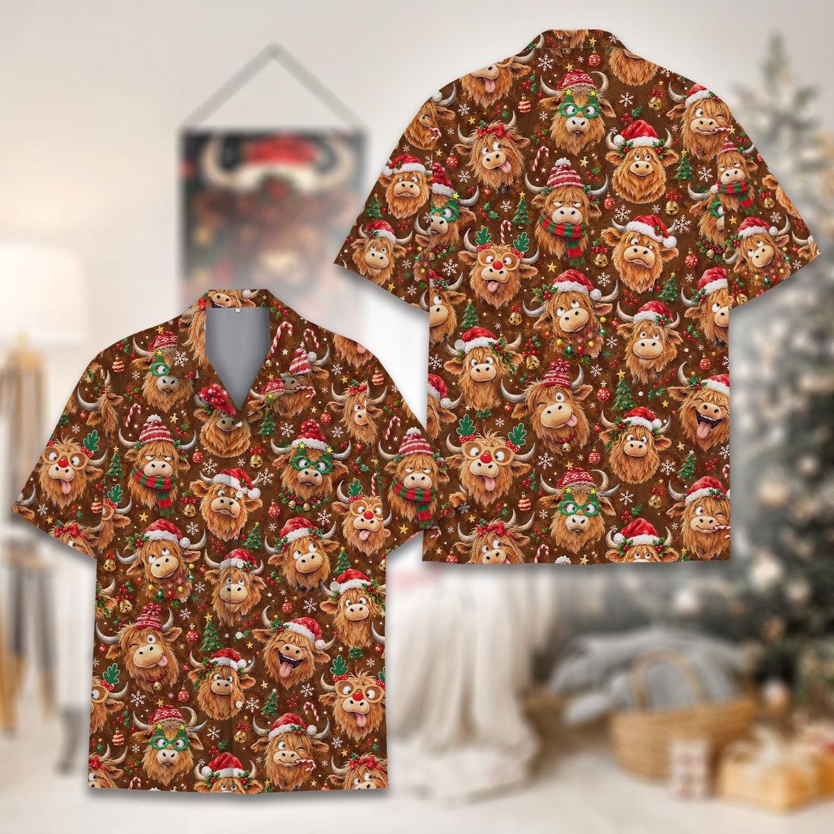 Matching family hawaiian shirt with christmas highland cow design, close up front view