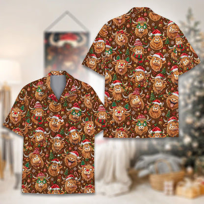 Matching family hawaiian shirt with christmas highland cow design, close up front view