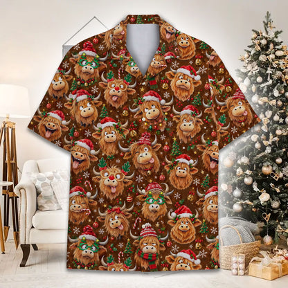 Matching family hawaiian shirt with christmas highland cow design, main view