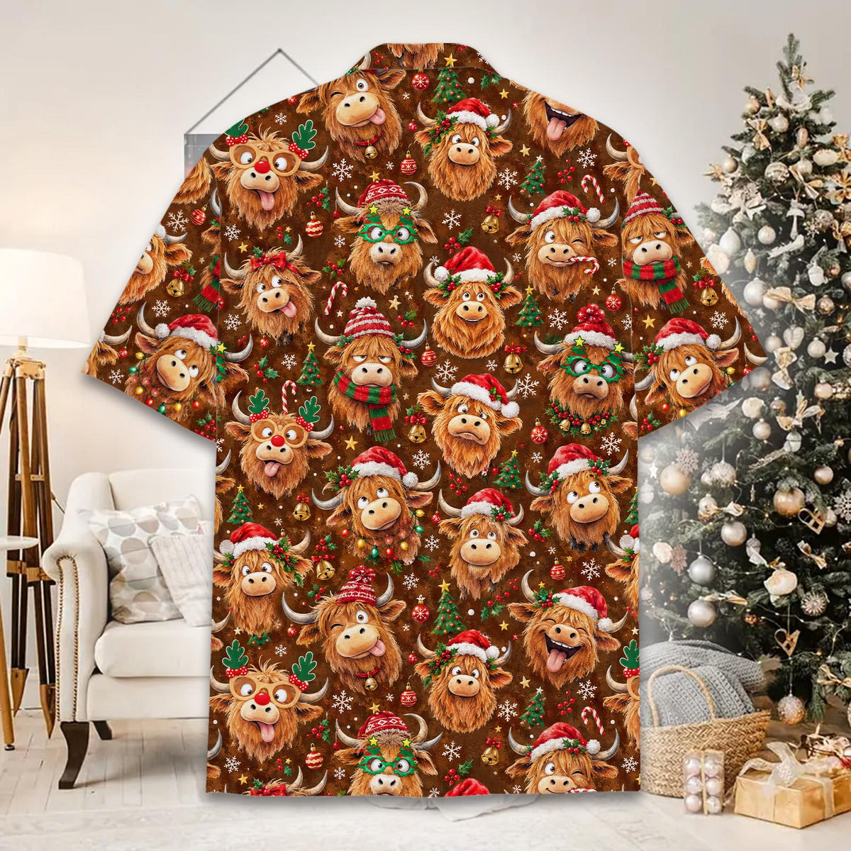 People modeling matching family hawaiian shirts with christmas highland cows