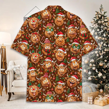 People modeling matching family hawaiian shirts with christmas highland cows