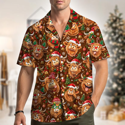 Group showing off matching christmas highland cow hawaiian shirts