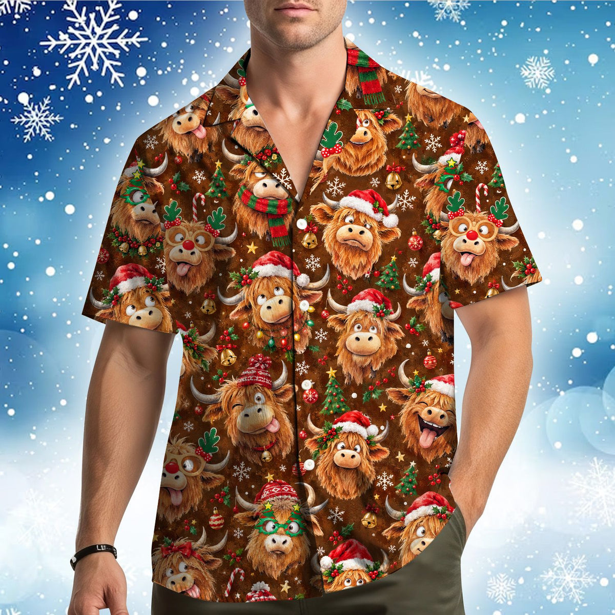 Family wearing matching christmas highland cow hawaiian shirts in a lifestyle setting