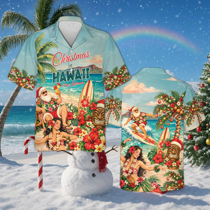 Light blue christmas in hawaii hawaiian shirt featuring a retro Santa scene and Mele Kalikimaka text, front view