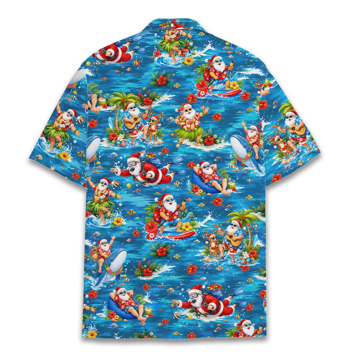 Back view of the matching family hawaiian shirt with tropical Christmas print