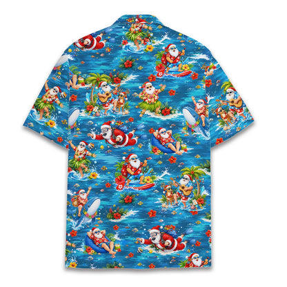 Back view of the matching family hawaiian shirt with tropical Christmas print