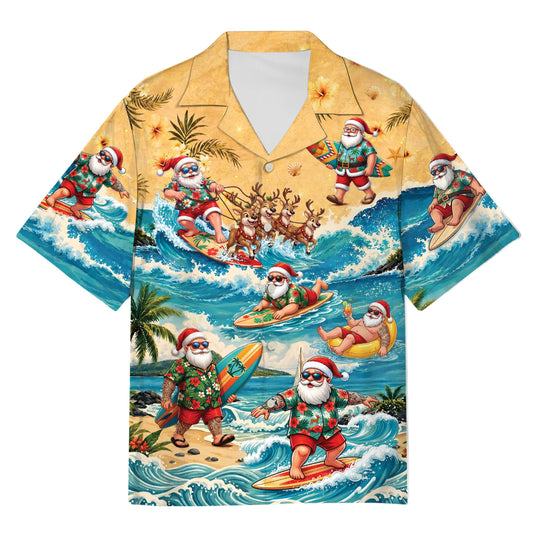 Front view of christmas in july hawaiian shirt featuring surfing Santa