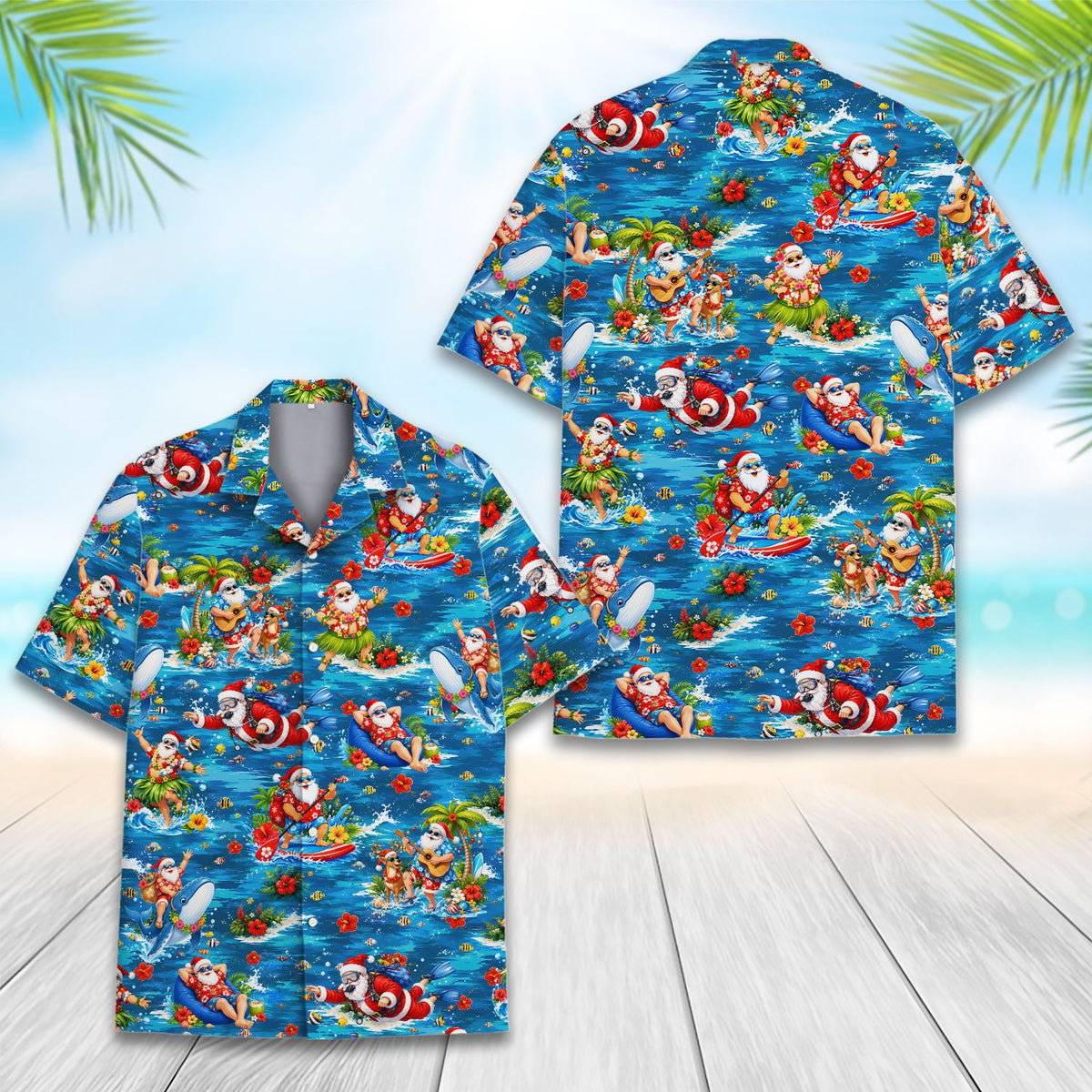 Front detail of the blue hawaiian shirt with hibiscus and palm trees