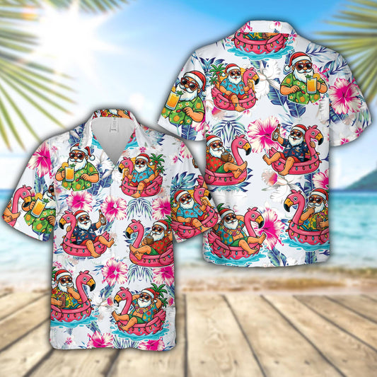 Matching family christmas in july hawaiian shirt with Santa and flamingo float design, main view