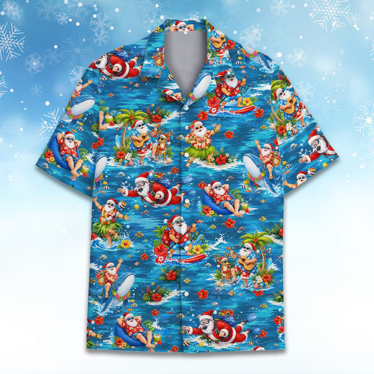 Close-up of the front button-down design showing Santa playing ukulele