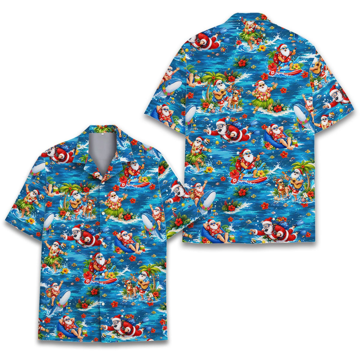 Front view of tropical holiday hawaiian shirt with Santa and dolphins