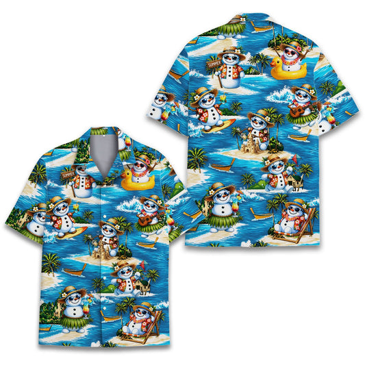 Christmas in july hawaiian shirt with tropical snowmen design, main view