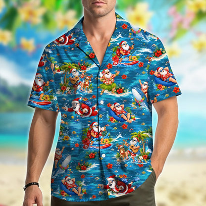 Third lifestyle view showcasing the festive matching hawaiian shirts for family