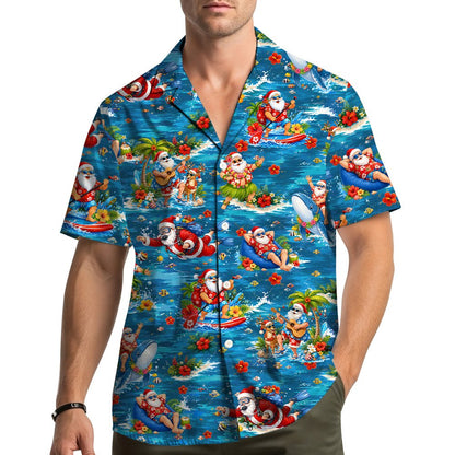 Lifestyle view of a family wearing matching Christmas in July hawaiian shirts
