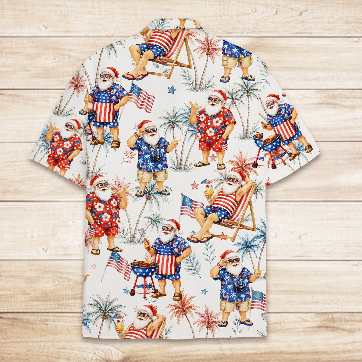 Back view of the Christmas in July Patriotic Santa Hawaiian Shirt