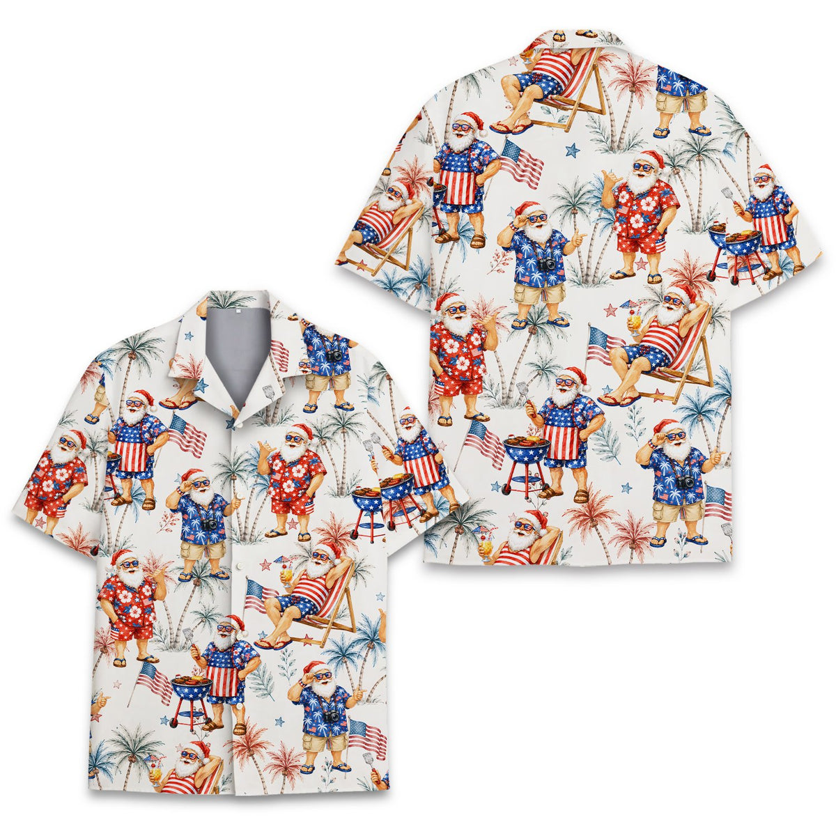 Close-up front detail of the patriotic Santa Hawaiian shirt