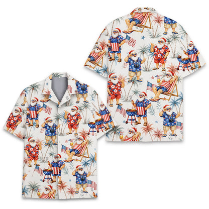 Close-up front detail of the patriotic Santa Hawaiian shirt
