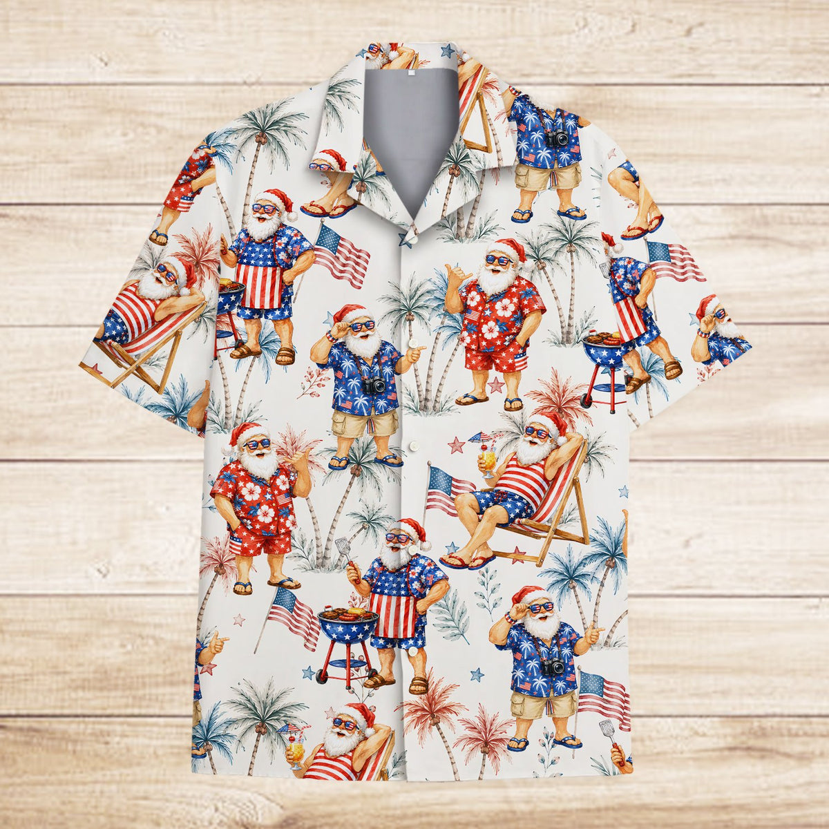 Front view of the white Christmas in July Patriotic Santa Hawaiian Shirt