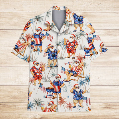 Front view of the white Christmas in July Patriotic Santa Hawaiian Shirt