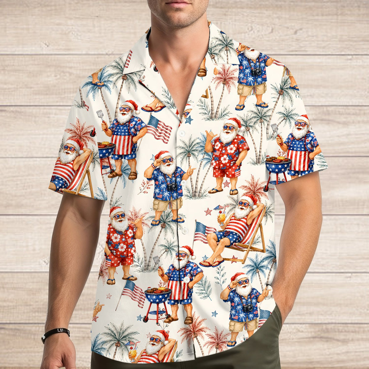 Second lifestyle view of the patriotic Santa Hawaiian shirt on an adult
