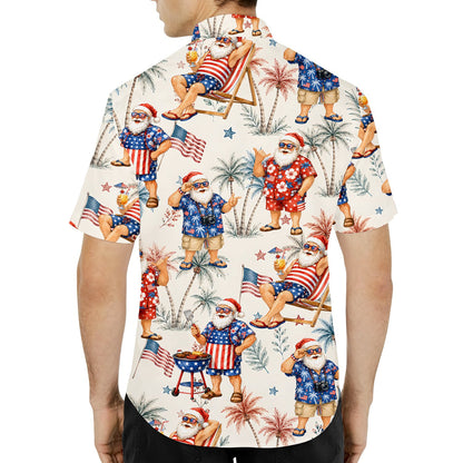 Fifth lifestyle view of the Christmas in July patriotic Hawaiian shirt