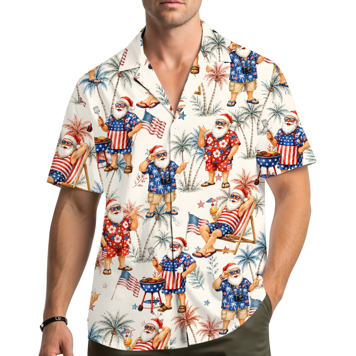 Lifestyle view showing the Christmas in July Patriotic Santa Hawaiian Shirt being worn