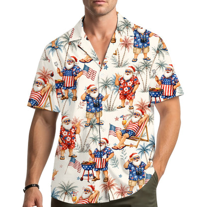 Lifestyle view showing the Christmas in July Patriotic Santa Hawaiian Shirt being worn