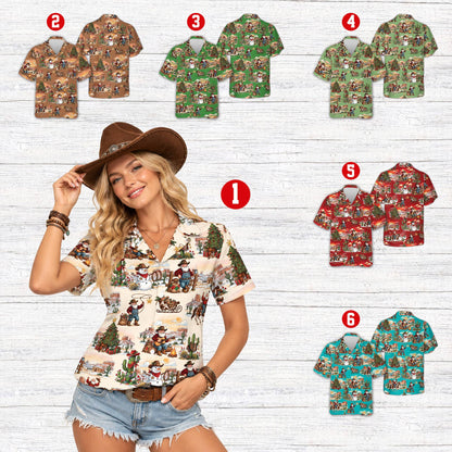 Lifestyle view of people wearing the matching family hawaiian shirts with cowboy Santa pattern